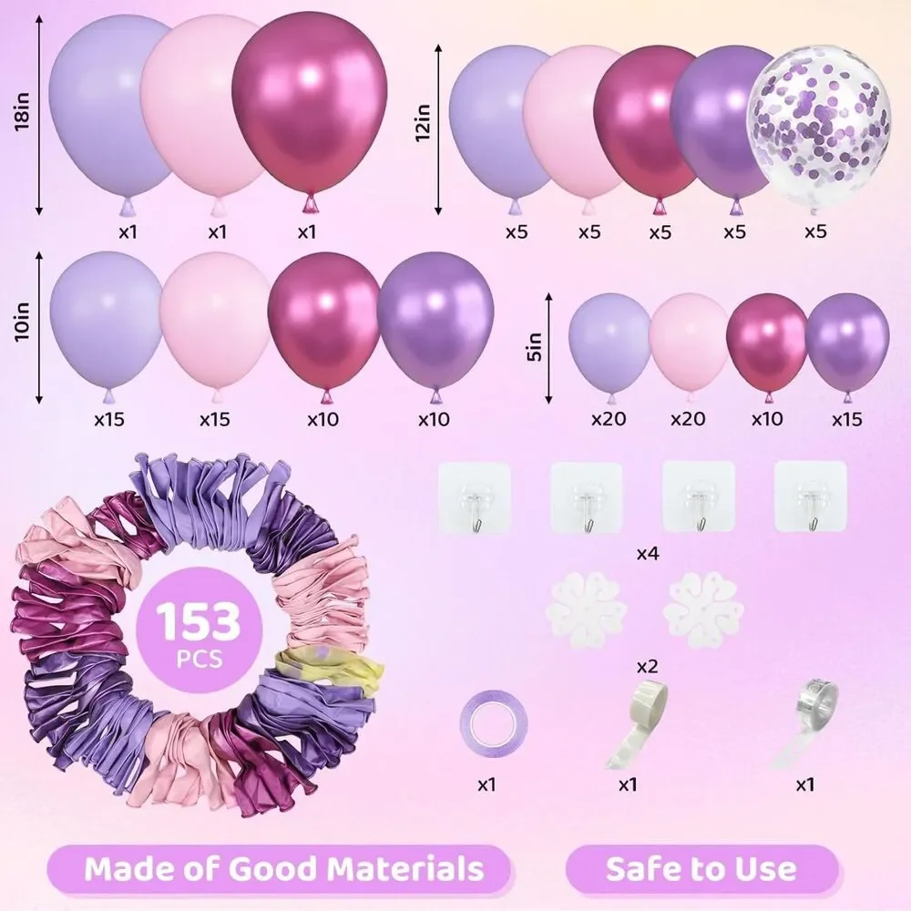 Amandir 153pcs Pink Purple Balloon Garland Arch Metallic Confetti Party Decor